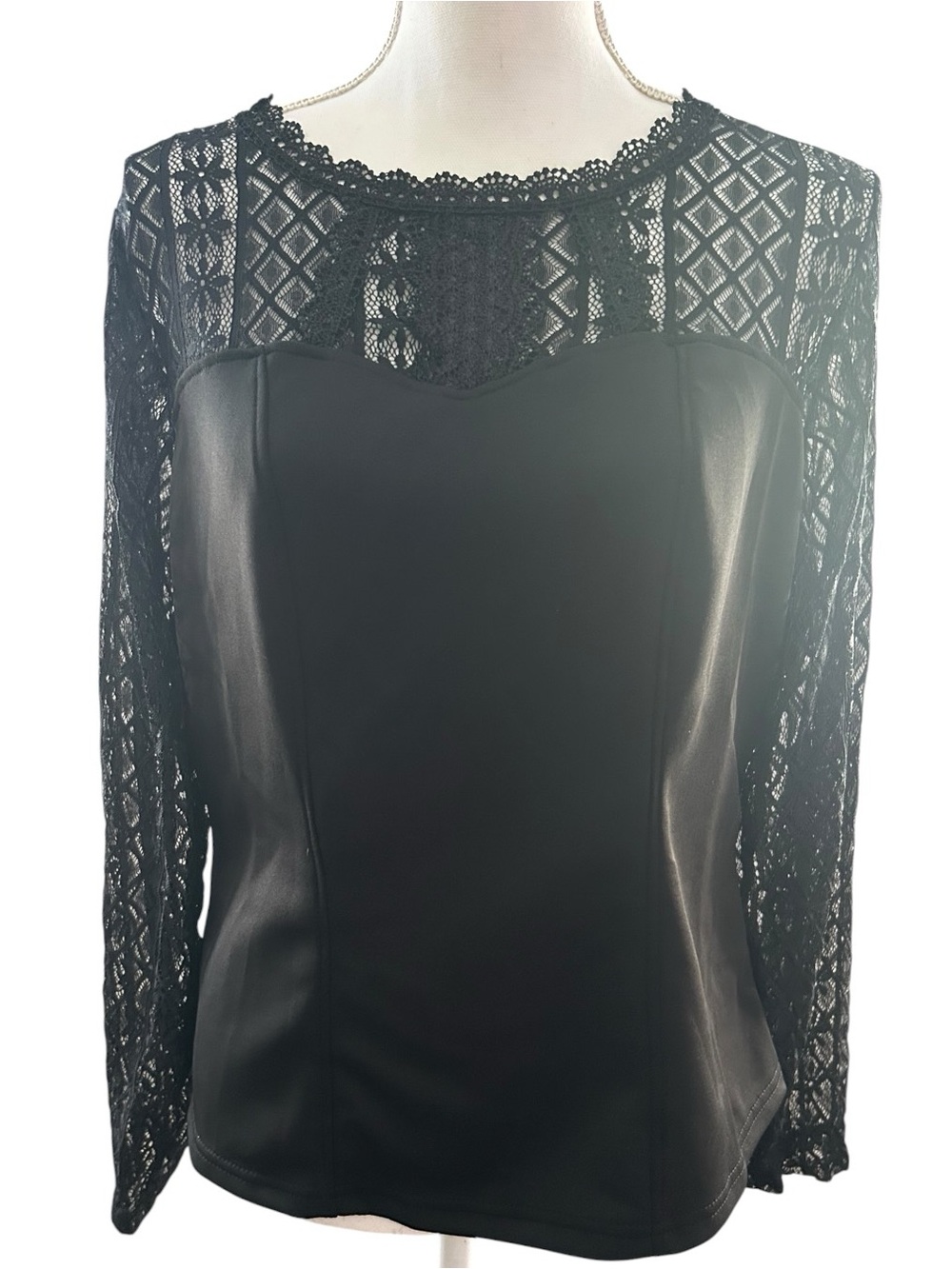Ashley Stewart Black Lace Yoke Long Sleeve Top